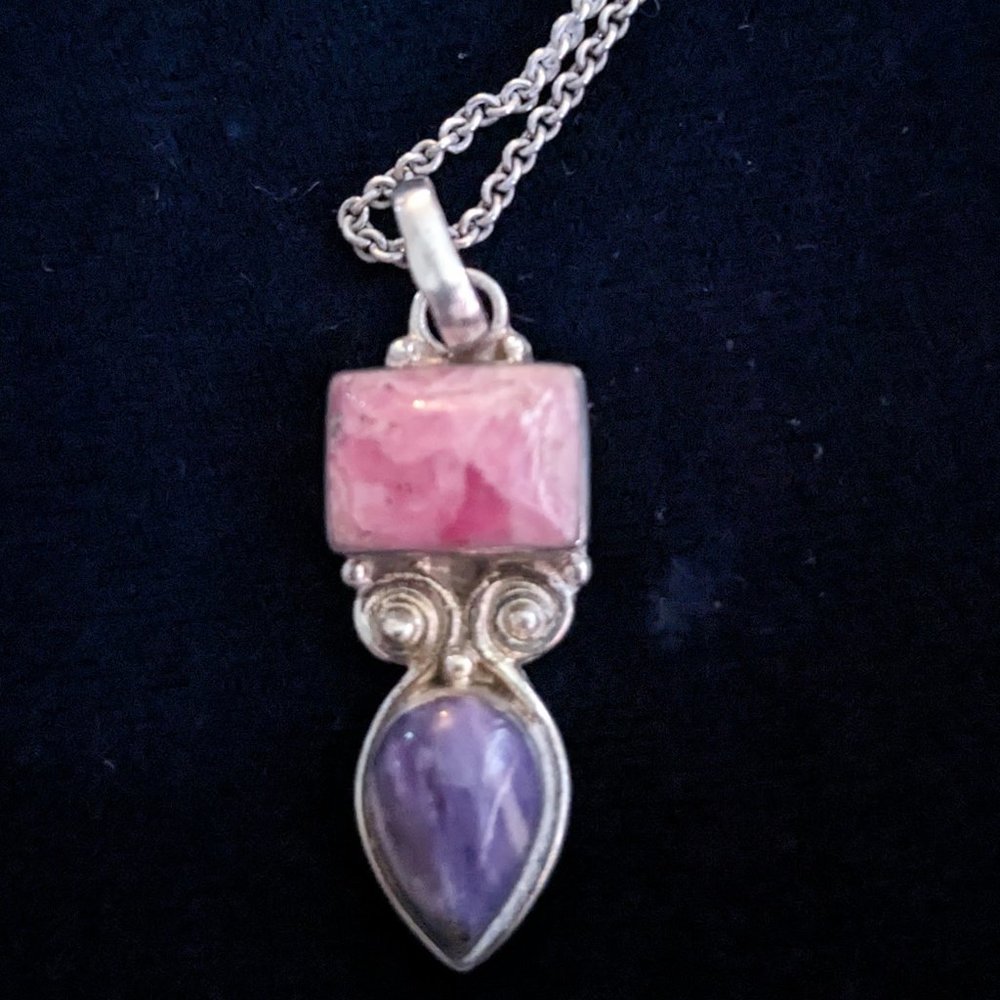 Rhodochrosite, Charoite and Sterling Silver Necklace - Picture 2 of 4